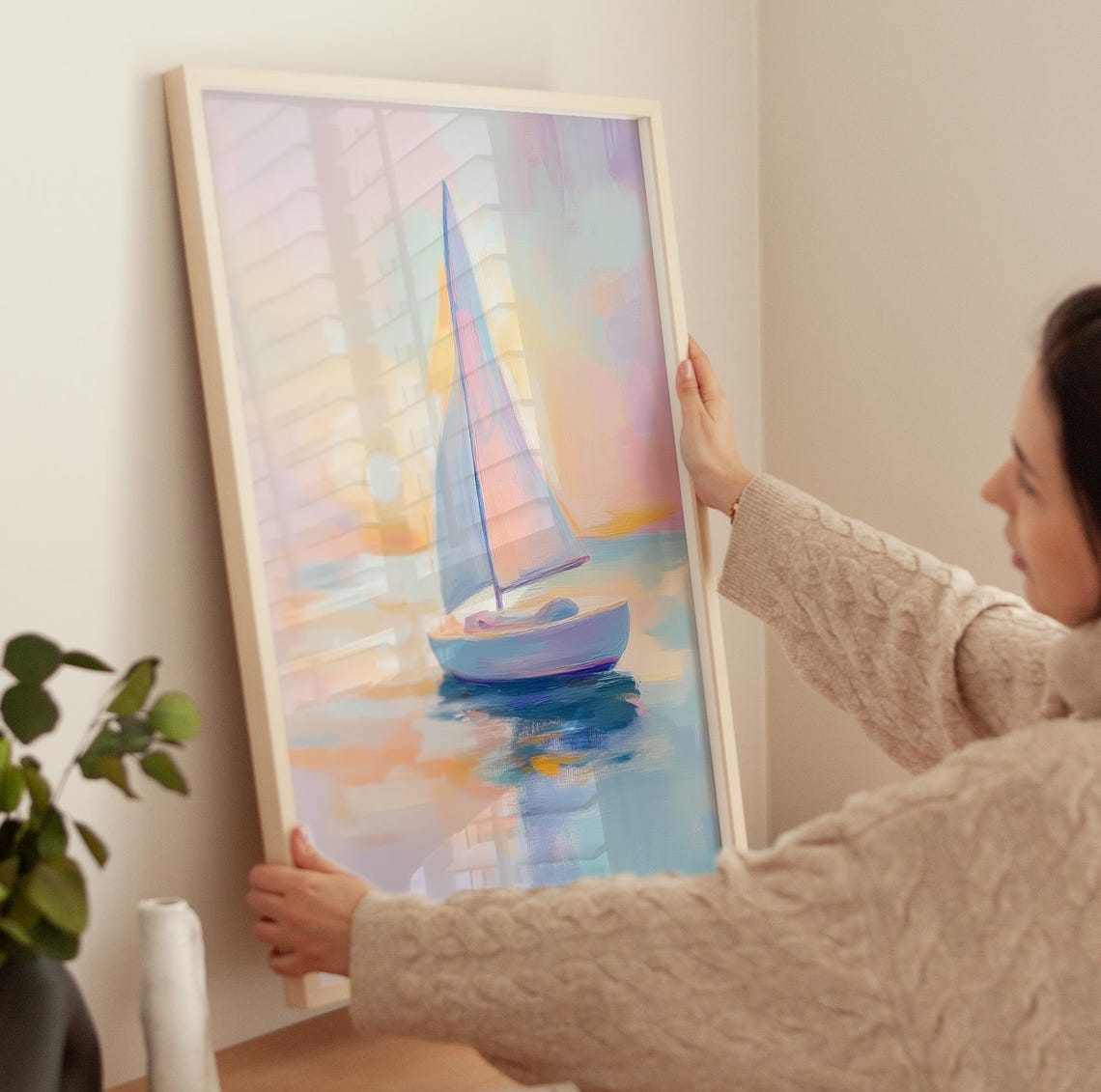 Sailboat At Pink Sunset Pastel Ocean Sailing Painting Poster - Image 3