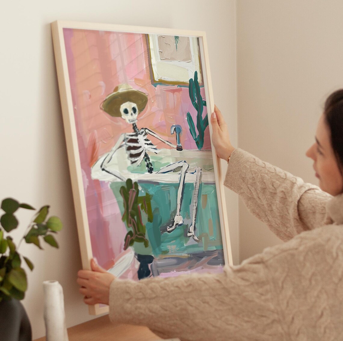 Skeleton In Vintage Bathtub Pink Halloween Spooky Painting Poster - Image 3