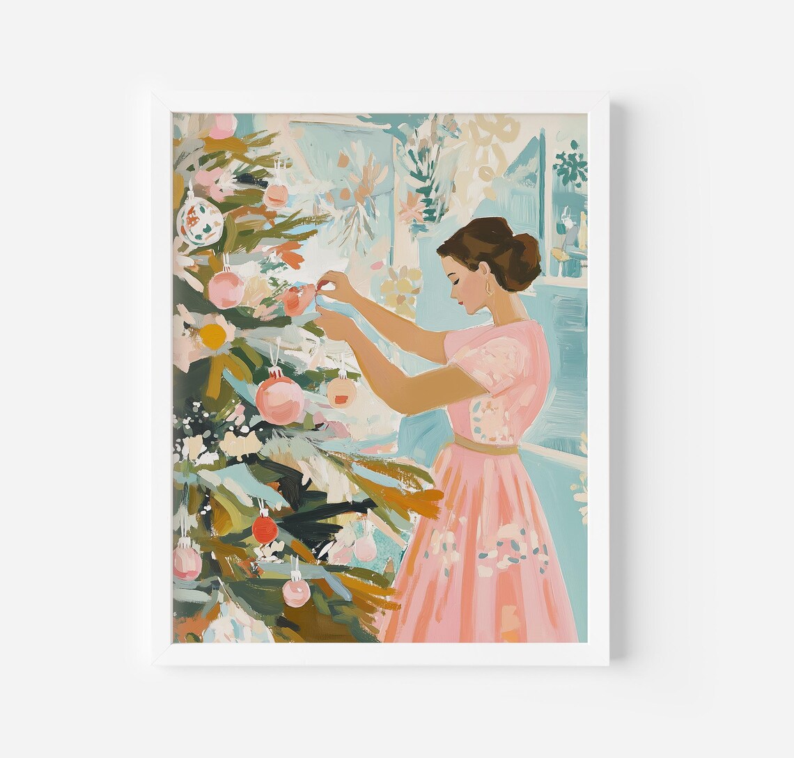 Woman In Pink Dress Hanging Ornaments On Christmas Tree Poster - Image 3