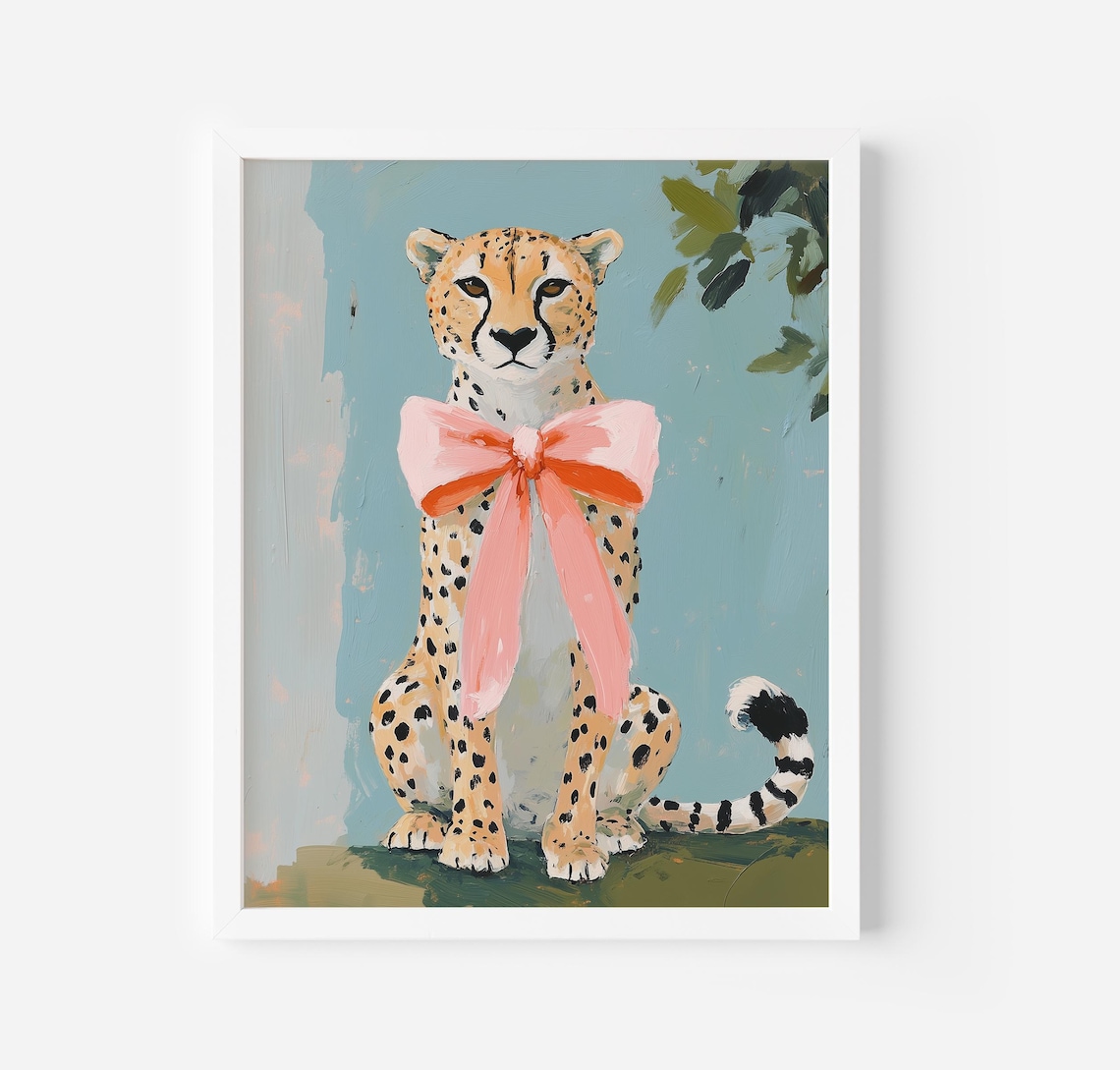 Cheetah Wearing Giant Pink Bow Coquette Jungle Cat Painting Poster