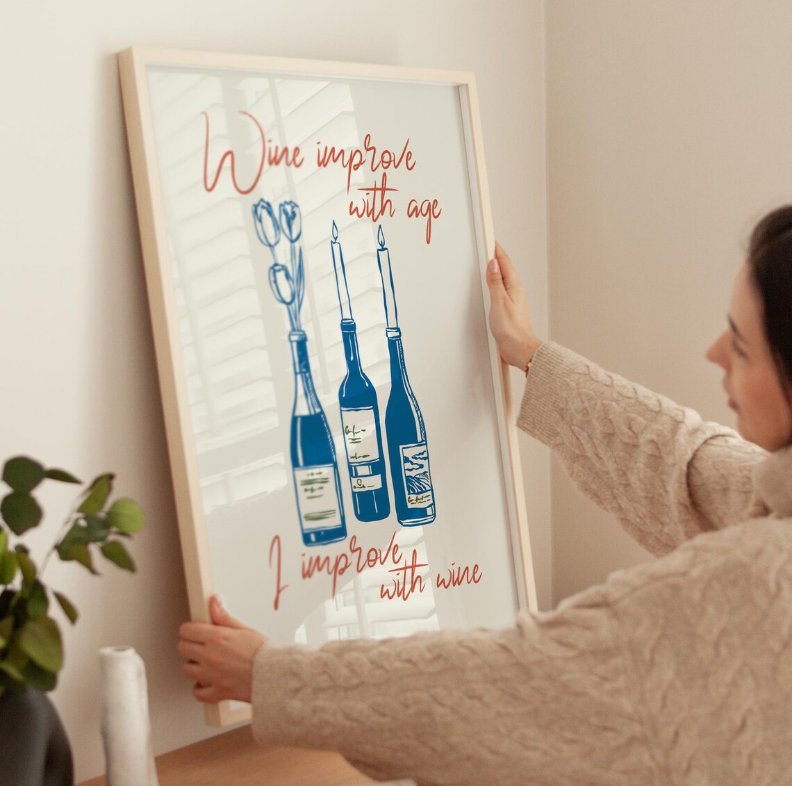 Wine Improve With Age Poster Funny Blue Wine Bottles Tulip Kitchen Art - Image 4