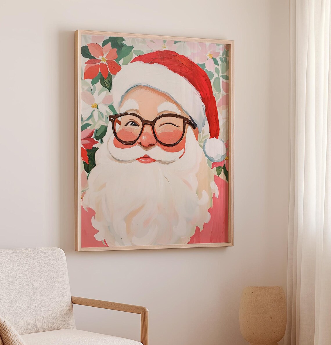Winking Santa Claus With Glasses Poinsettia Festive Holiday Poster - Image 3