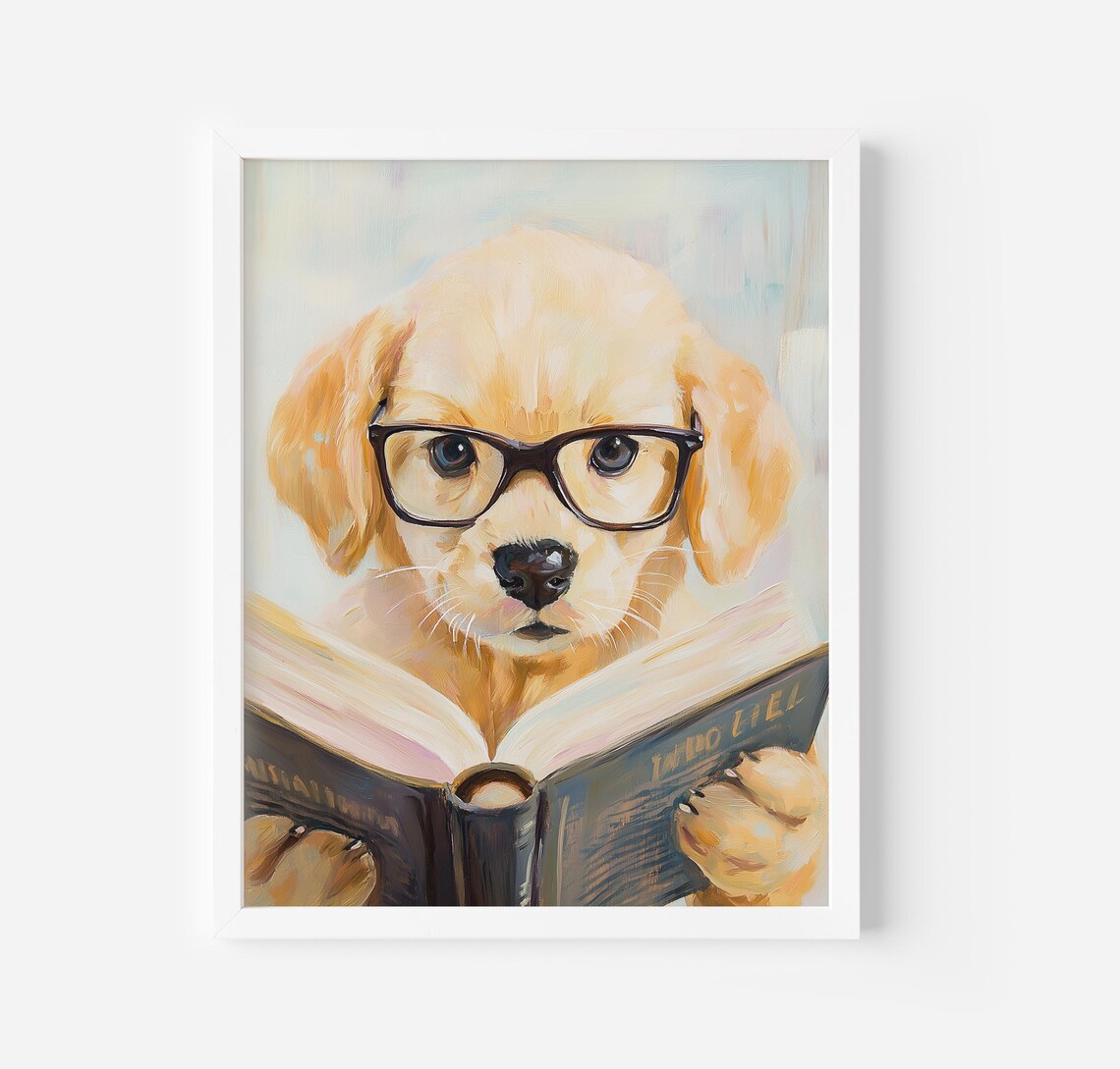 Cute Dog Reading A Book, Library Wall Art Print