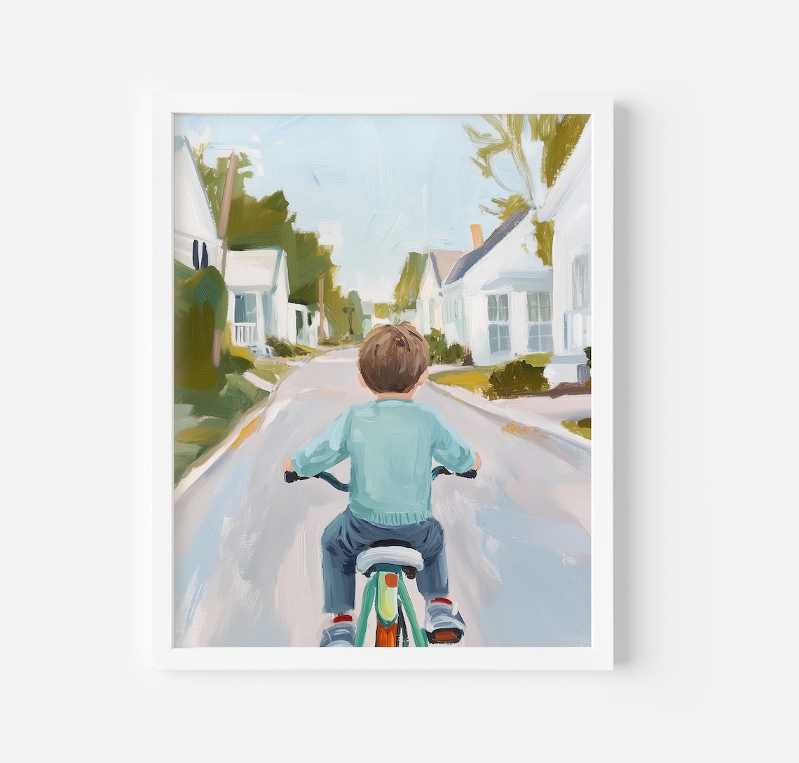 Little Boy Riding Bicycle Down A Sunny Neighborhood Street Poster
