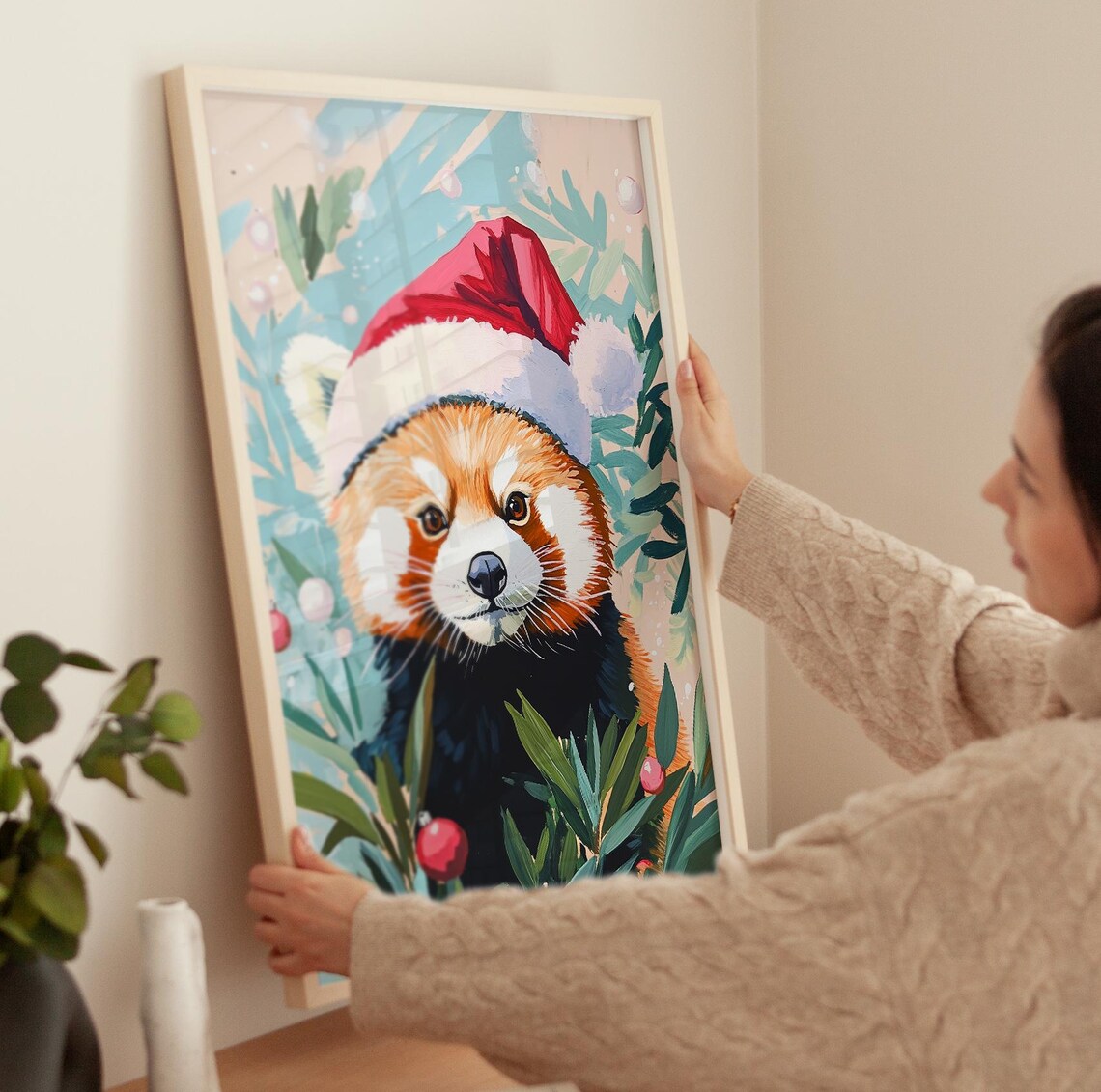 Cute Red Panda Wearing Santa Hat Among Eucalyptus Leaves Poster - Image 3