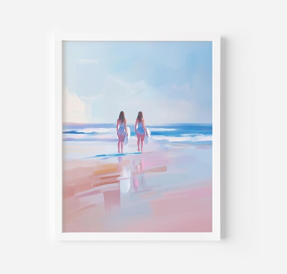 Surfer Best Friends Walking To The Beach Pastel Ocean Art Poster