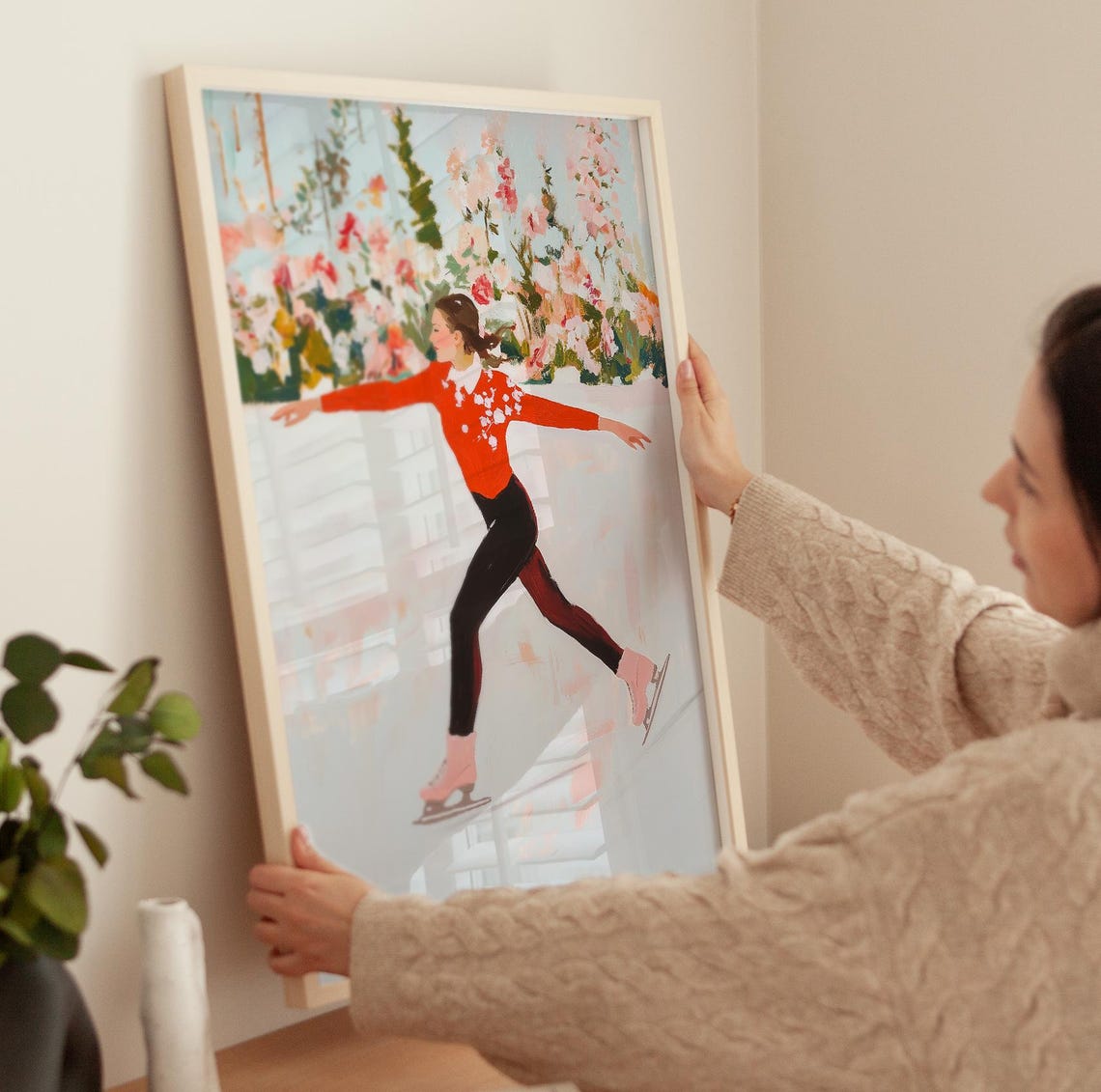 Girl Ice Skater Art Print Winter Wall Art Floral Pastel Oil Painting Retro Girly Aesthetic Prints College Dorm Decor Ice Skating Print - Image 3