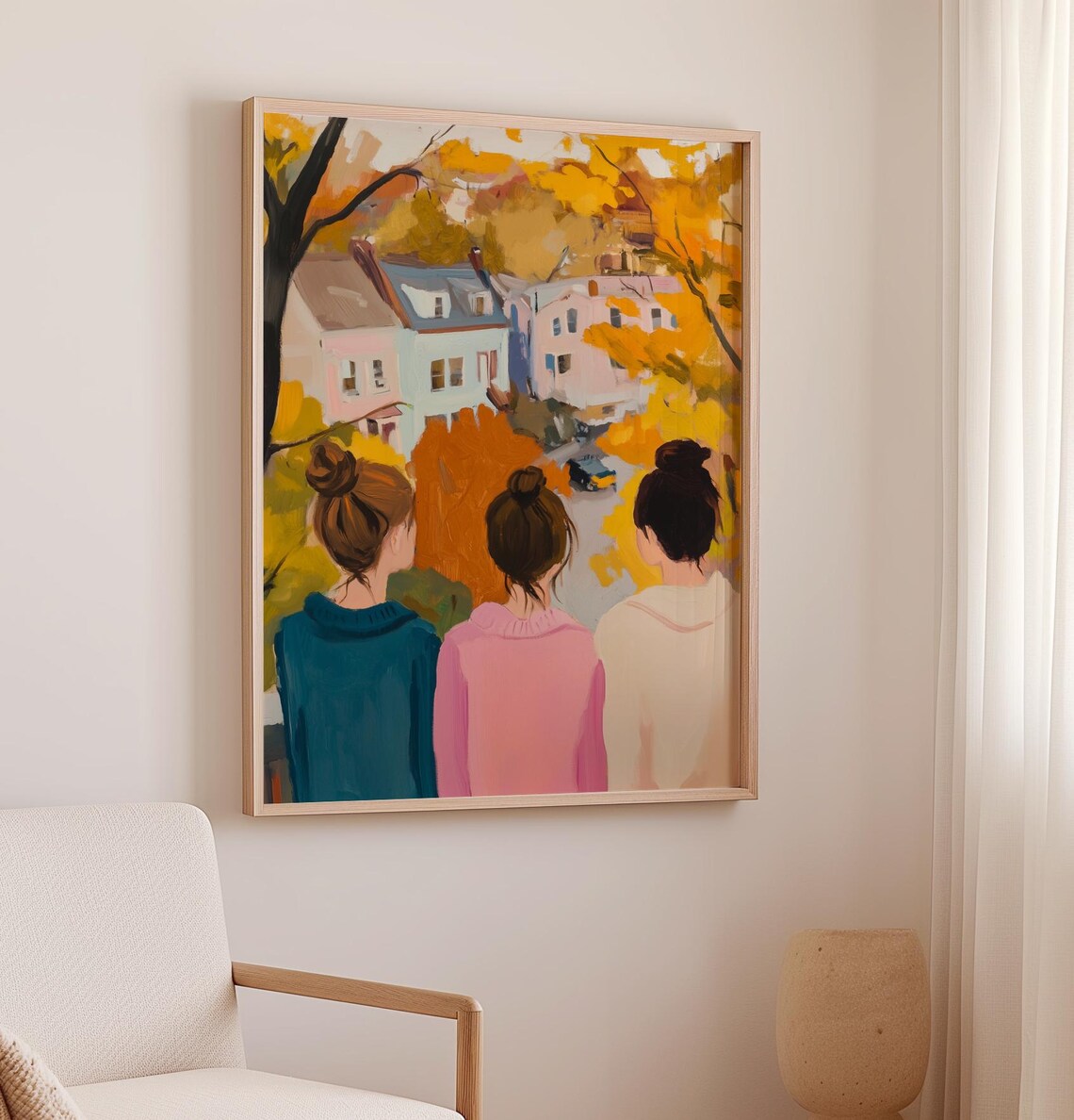 Three Girls Watching Autumn Leaves Over City Street Fall Art Poster - Image 2