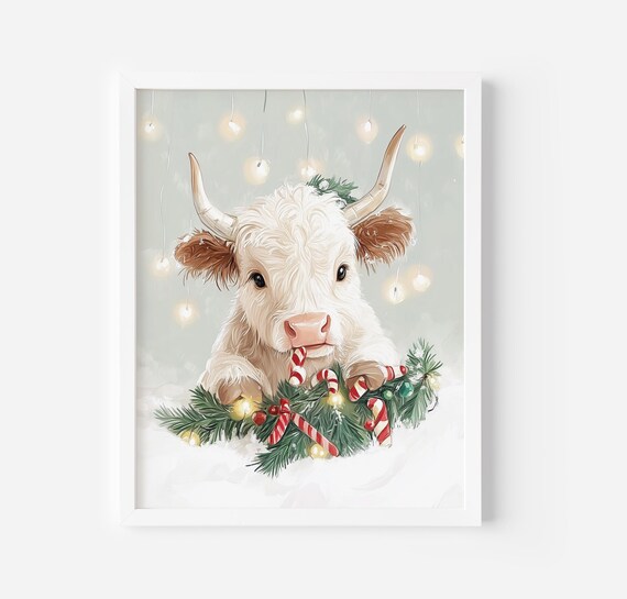 Highland Cow Christmas Art Print Farmhouse Holiday Wall Art Cute Cow Holiday Decor Cozy Winter Cow Print Still Life Art