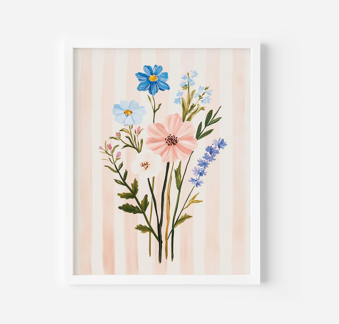 Wildflower Bouquet on Pink Striped Background Botanical Art Poster