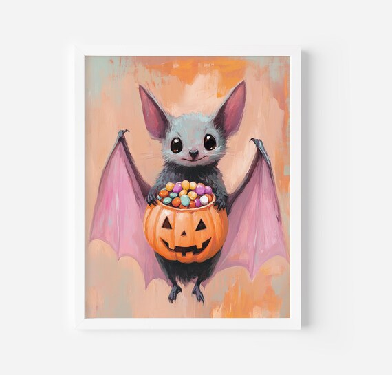 Halloween Bat Art Print Nursery Poster Cute Bat Wall Art Pumpkin Fall Kids Halloween Spooky Season Trick Or Treat Candy Art