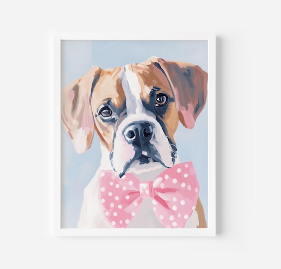 Boxer With Pink Bow Print Coquette Poster Preppy Art Cute Boxer Dog Art Dog Boxer Dog Print Dog Mom Gift