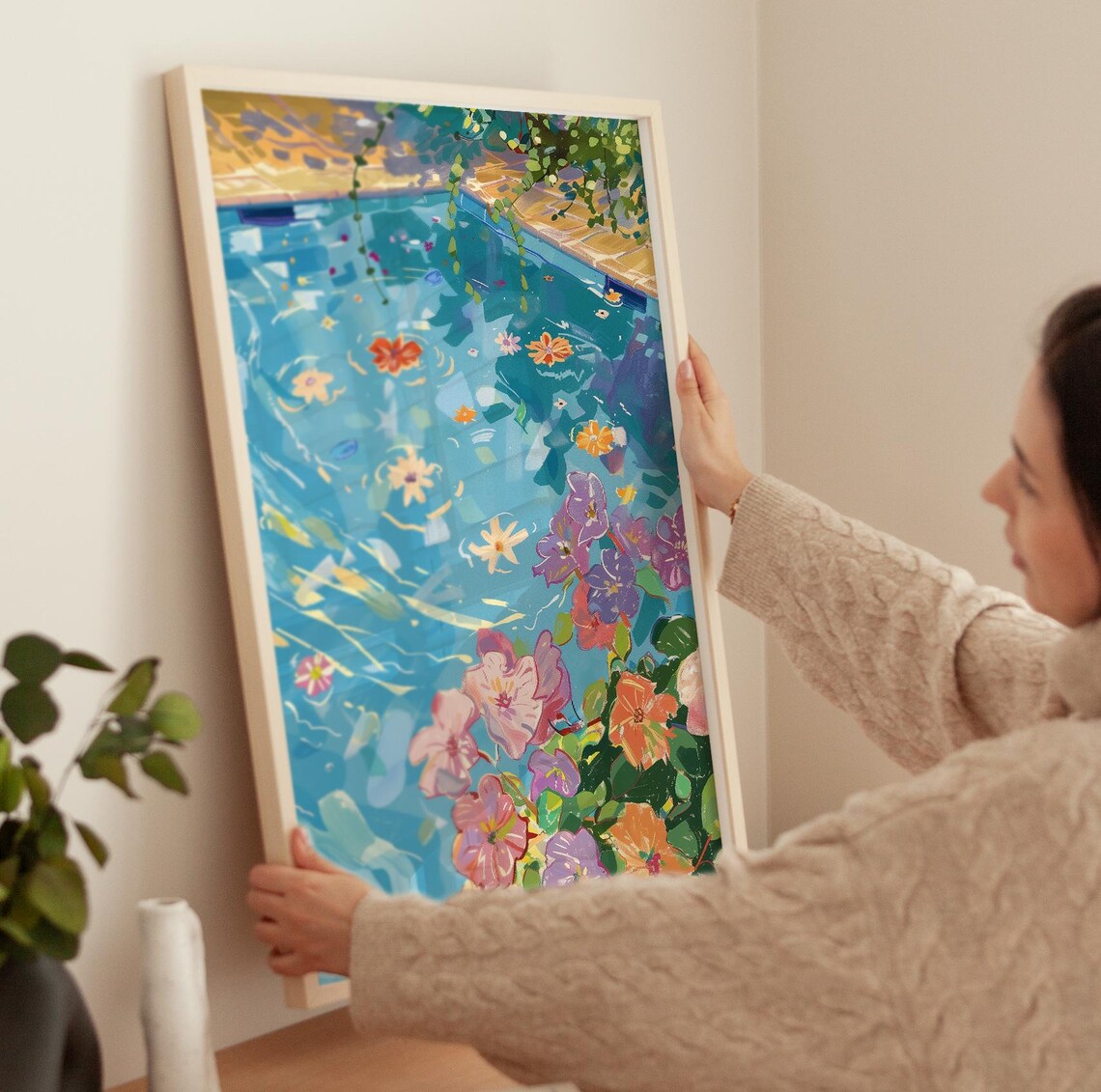 Pool Of Flowers Art French Style Trendy Painting Happy Gallery Swimming Pool Wall Art Retro Summer Print Beach House Decor - Image 3