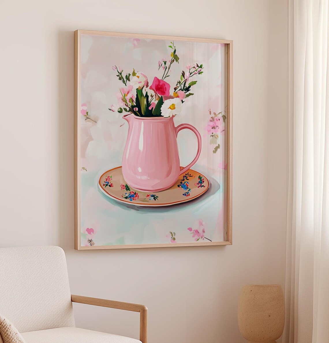 Pink Pitcher Wildflower Bouquet Cottage Floral Still Life Wall Poster - Image 3