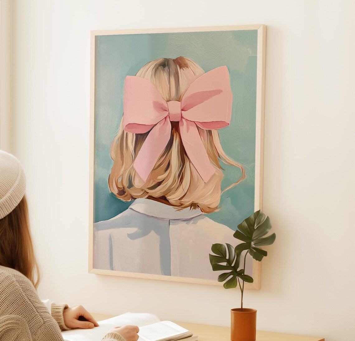 Blonde Girl With Big Pink Bow Back View Coquette Wall Art Poster - Image 2