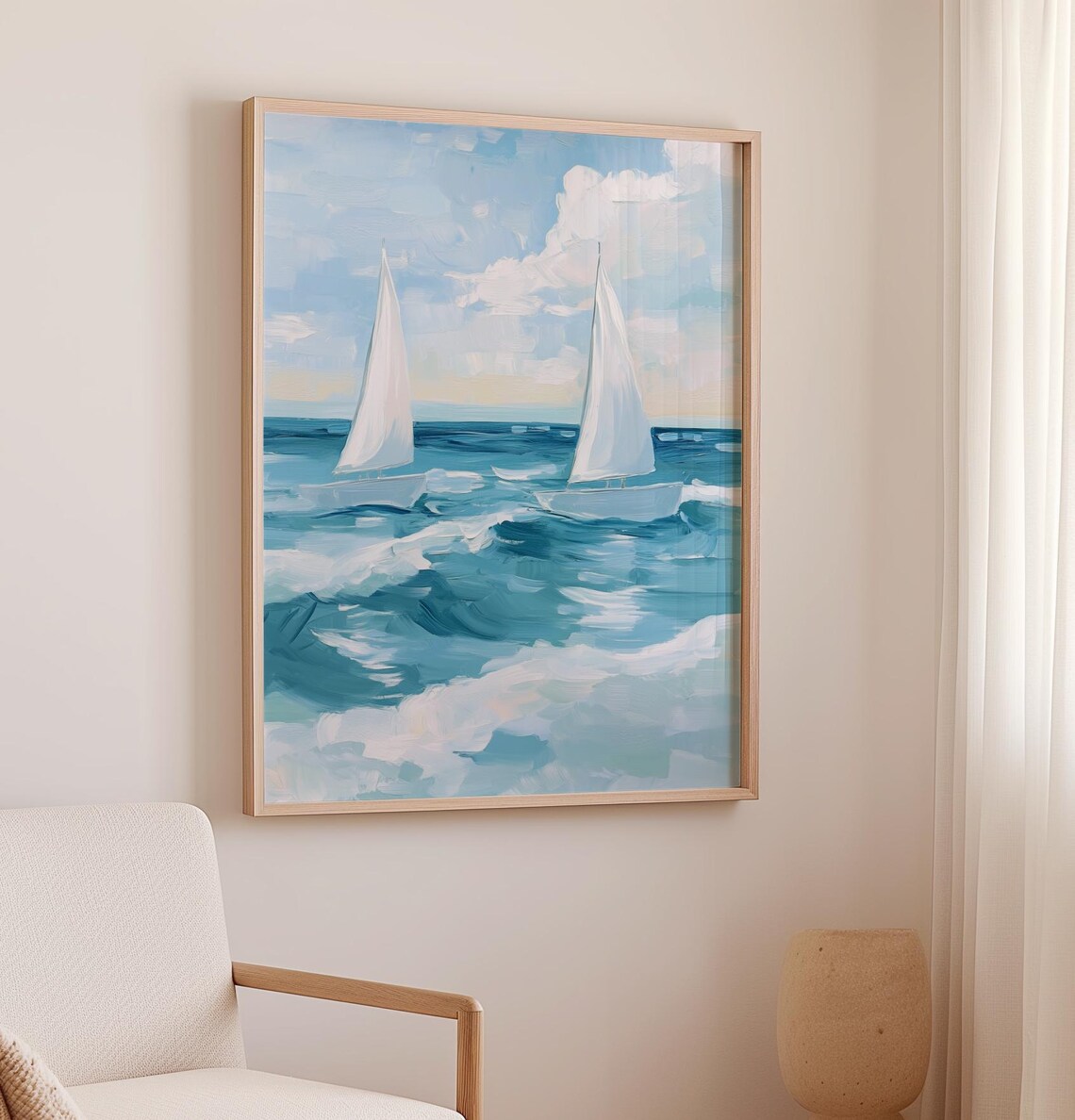 Two White Sailboats On Blue Ocean Waves Coastal Nautical Art Poster - Image 2