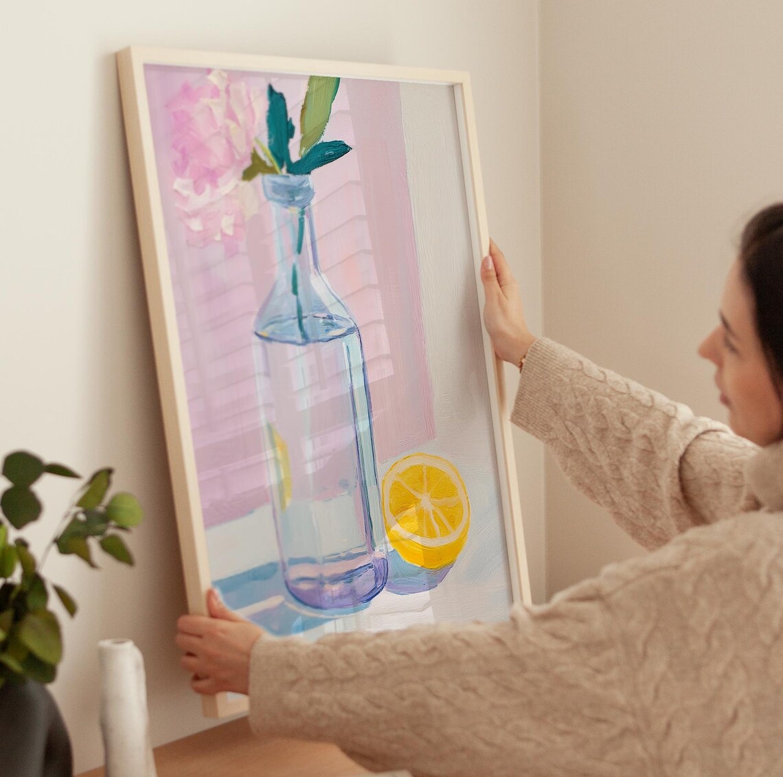Glass Bottle with Pink Flower and Lemon Pastel Still Life Art Poster - Image 3