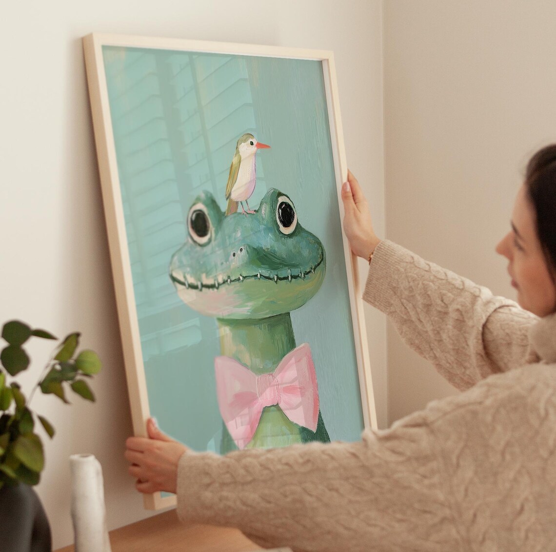 Cute Crocodile With Pink Bow Tie And Bird Nursery Art Poster - Image 4