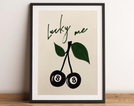 Lucky Me Cherry Eight Ball Print 8 Ball Poster Retro Food Wall Art Trendy Vintage Print Cherries Illustration Mid Century Modern Decor