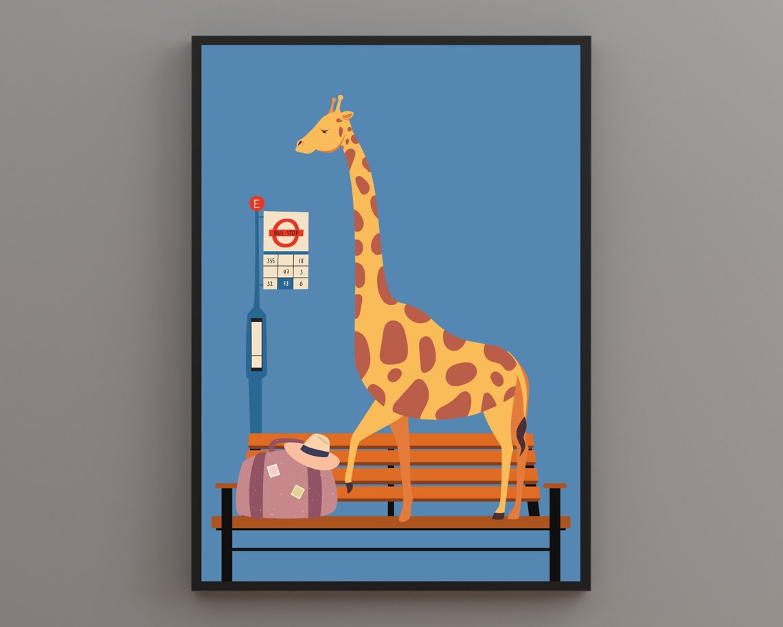 Giraffe Waiting At Bus Stop With Suitcase On Blue Background Poster