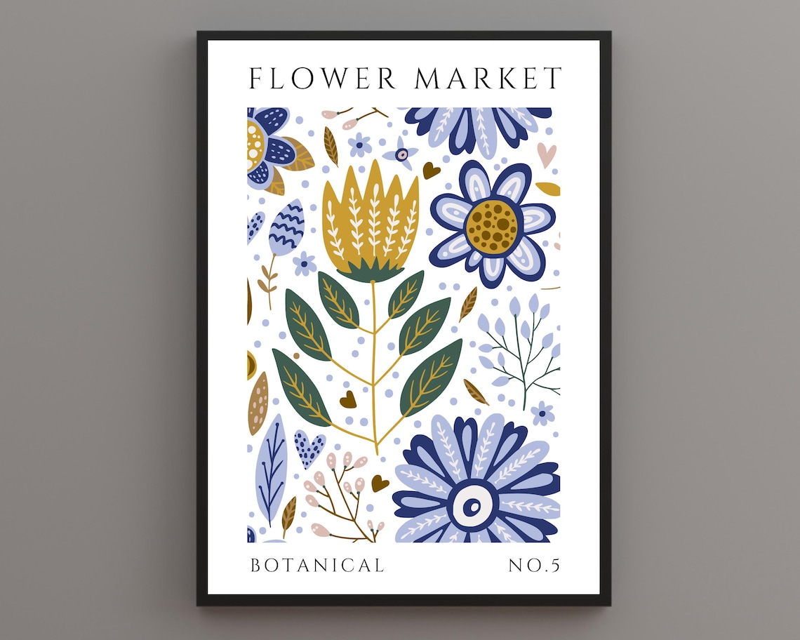 Flower Market Blue Gold Tulip Folk Florals Botanical Style No 5 Poster
