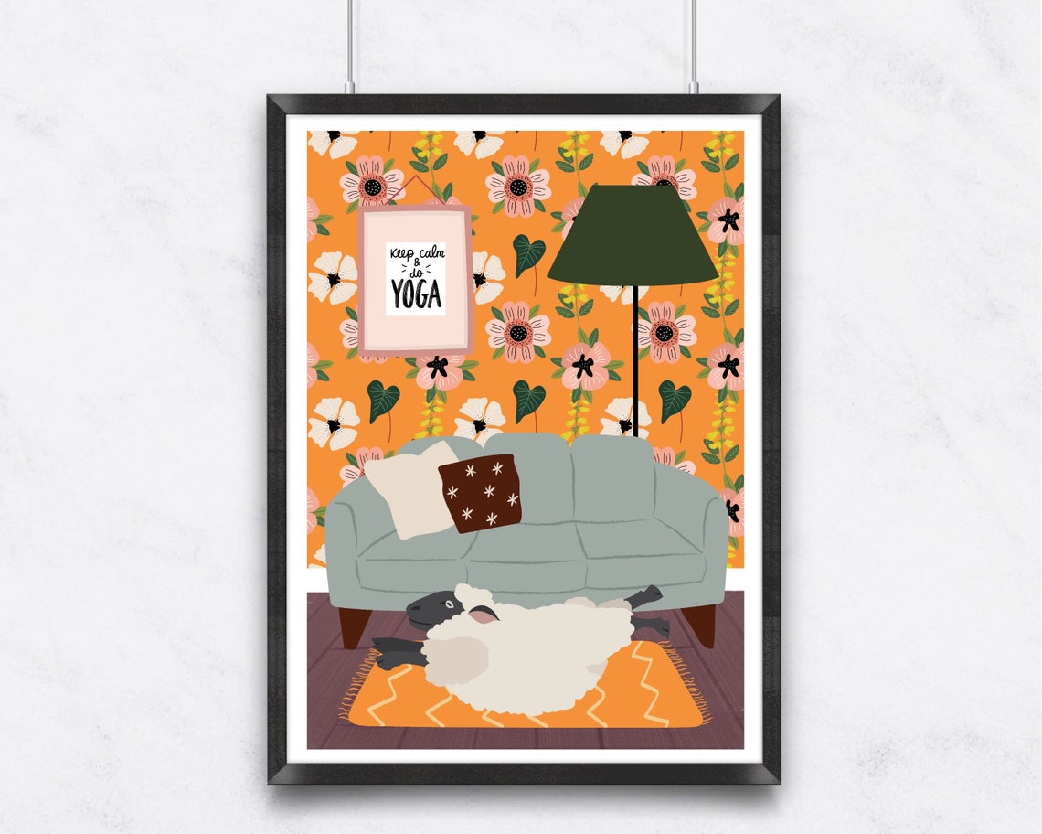 Sheep Lying Back on Orange Rug Funny Yoga Pose Animal Poster - Image 2