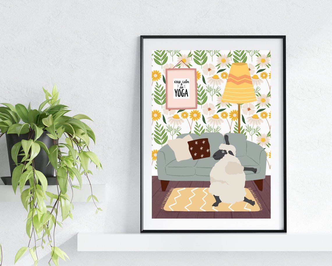 Sheep in Yoga Stretch Pose by Grey Sofa Funny Daisy Room Poster - Image 2