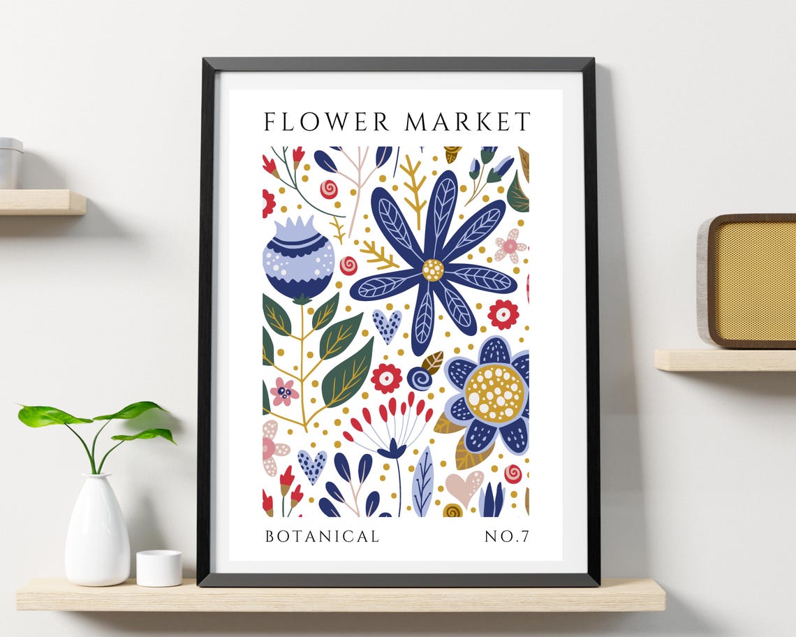 Flower Market Red Blue Folk Flowers Gold Dots Botanical No 7 Poster - Image 3