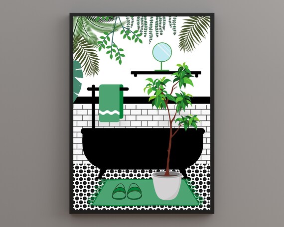 Green Bathroom Botanical House Plants Art Print