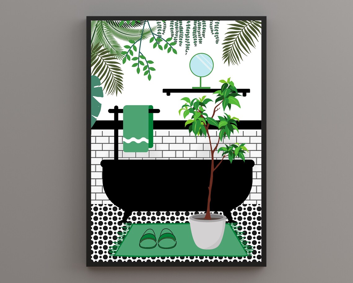 Green Bathroom Botanical House Plants Art Print
