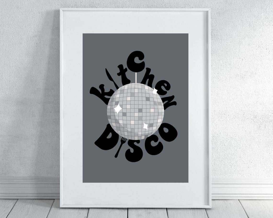Kitchen Disco Grey Disco Ball Retro Wavy Bubble Lettering Poster - Image 2