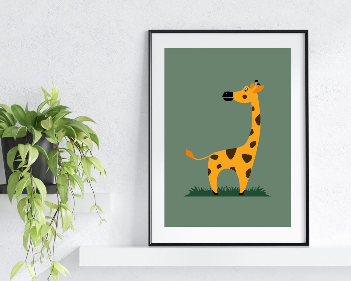Friendly Tall Cartoon Giraffe on a Soft Sage Green Background Poster - Image 2