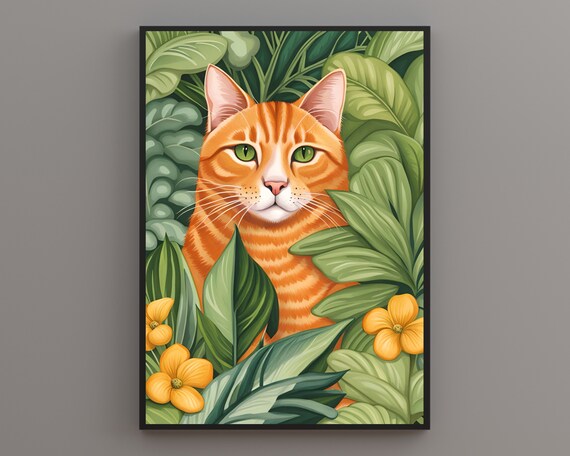 Ginger Tabby Cat With Green Eyes Among Botanical Leaves Poster