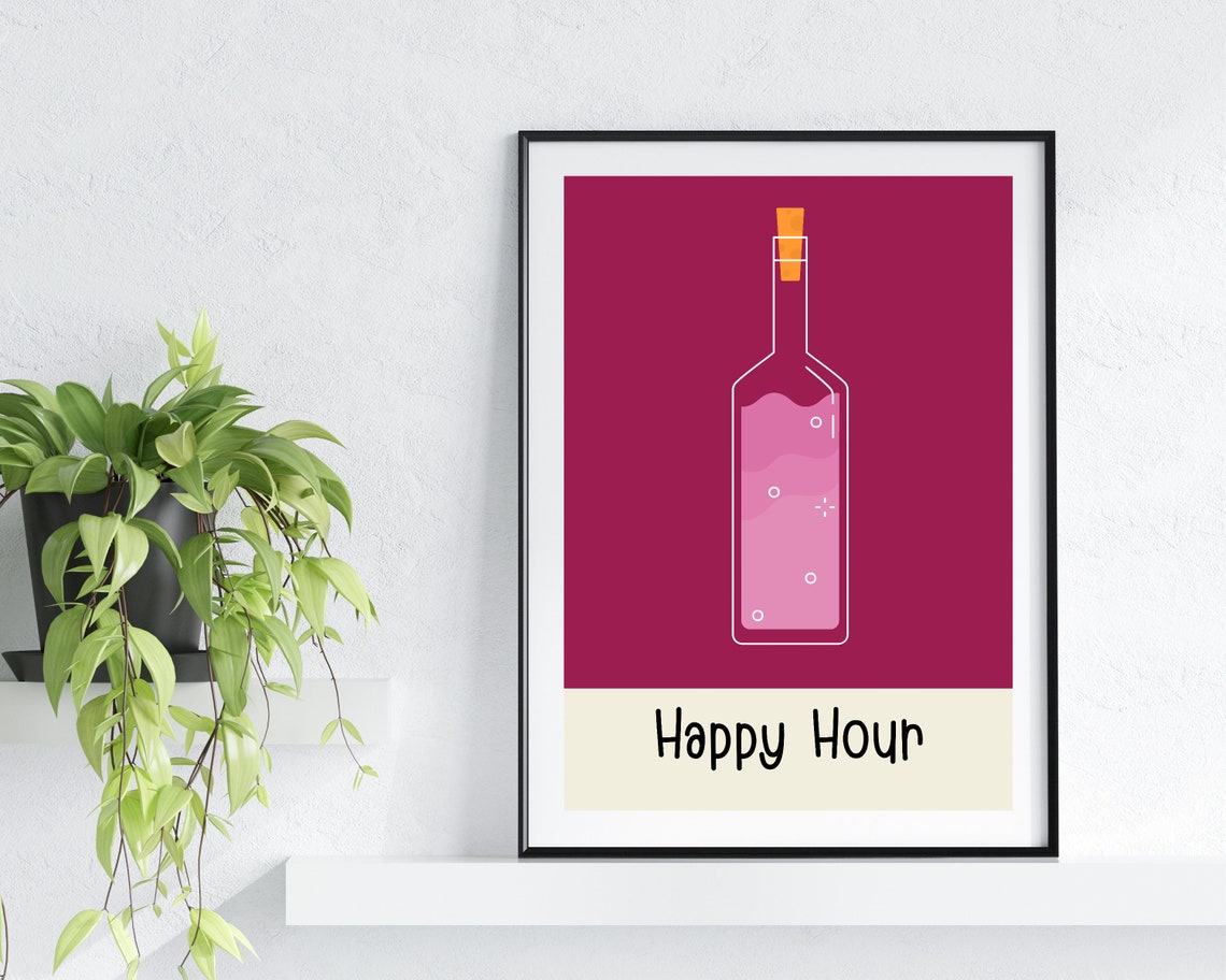 Happy Hour Wine Bottle Magenta Minimalist Bar Wall Decor Poster - Image 3