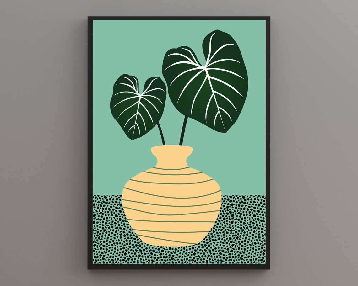 Monstera Leaves In Striped Yellow Vase Mint Green Botanical Poster