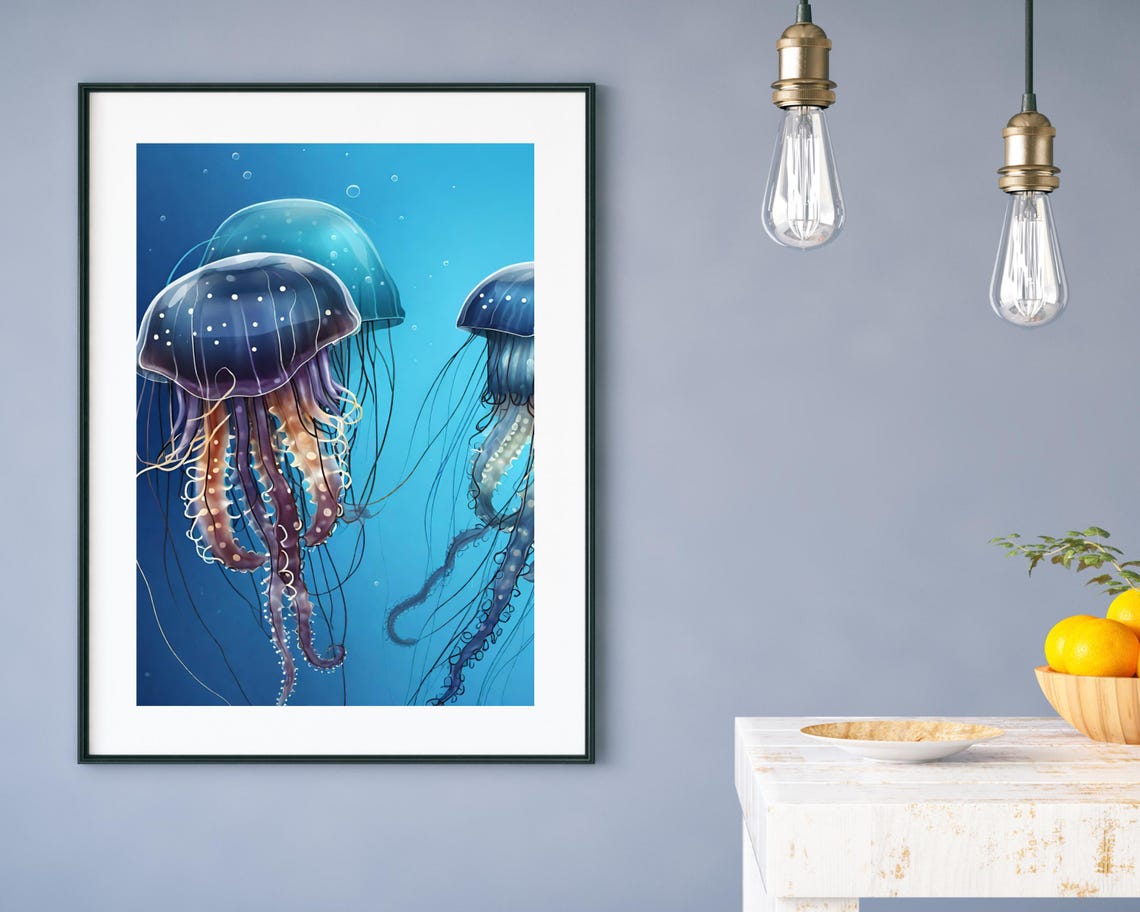 Beautiful Jellyfish Print Under The Sea Prints Blue Underwater Fish Print Box Jellyfish Poster Stunning Print - Image 3
