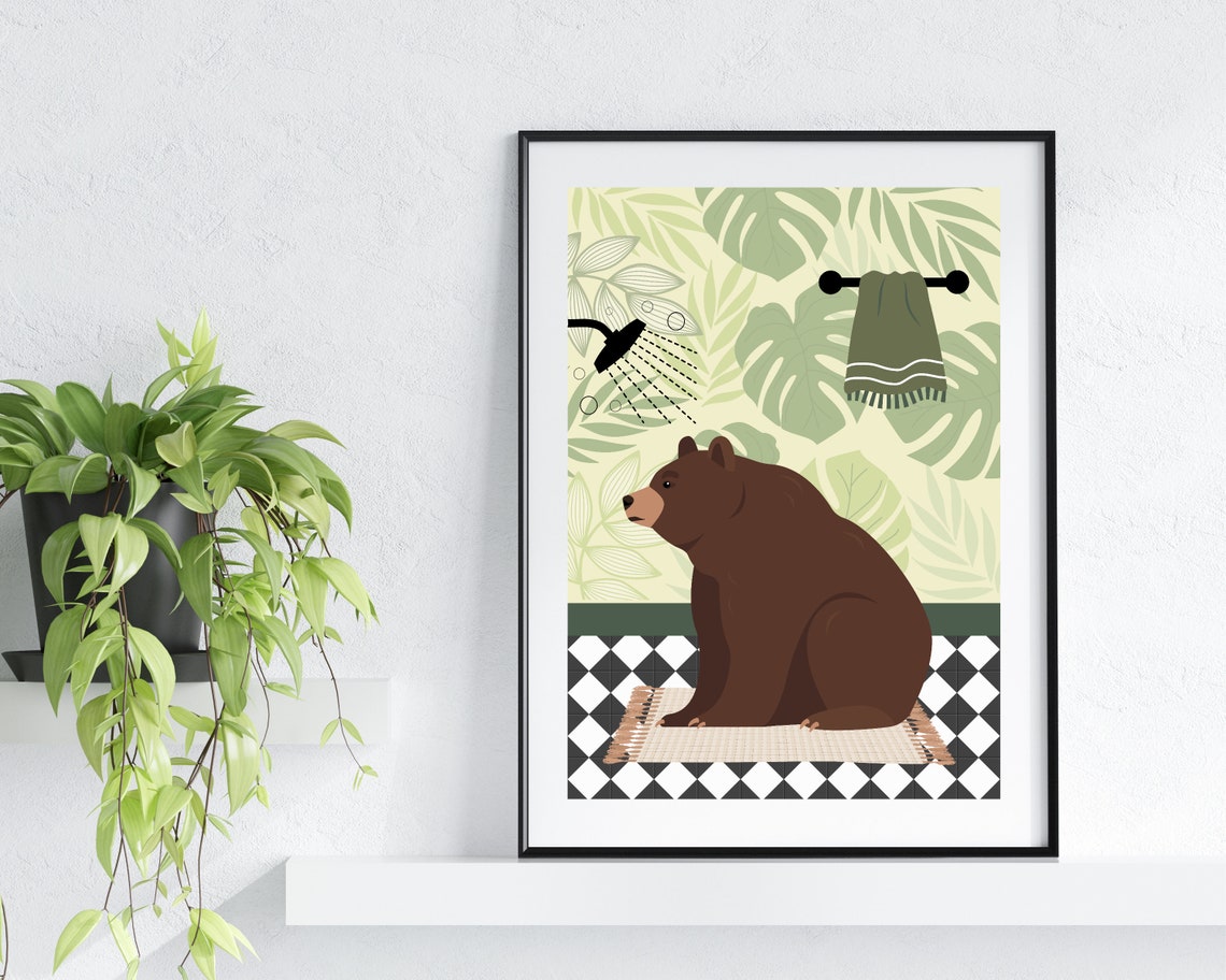Brown Bear Sitting Under A Shower In A Green Leaf Bathroom Poster - Image 3