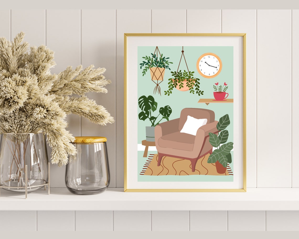 Empty Tan Armchair Among Hanging Plants Minimalist Botanical Poster - Image 3