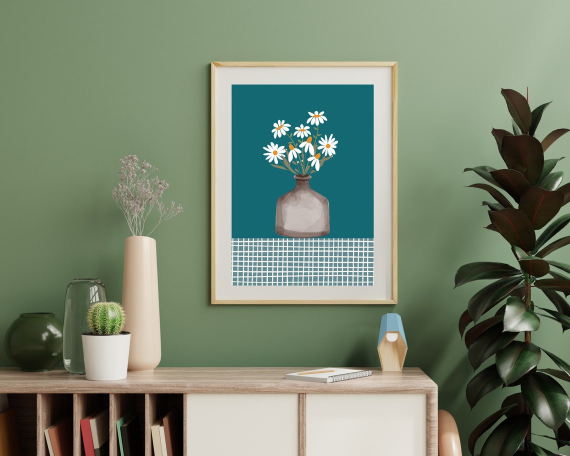 White Daisies In Glass Vase Teal Botanical Tablecloth Poster - Image 3