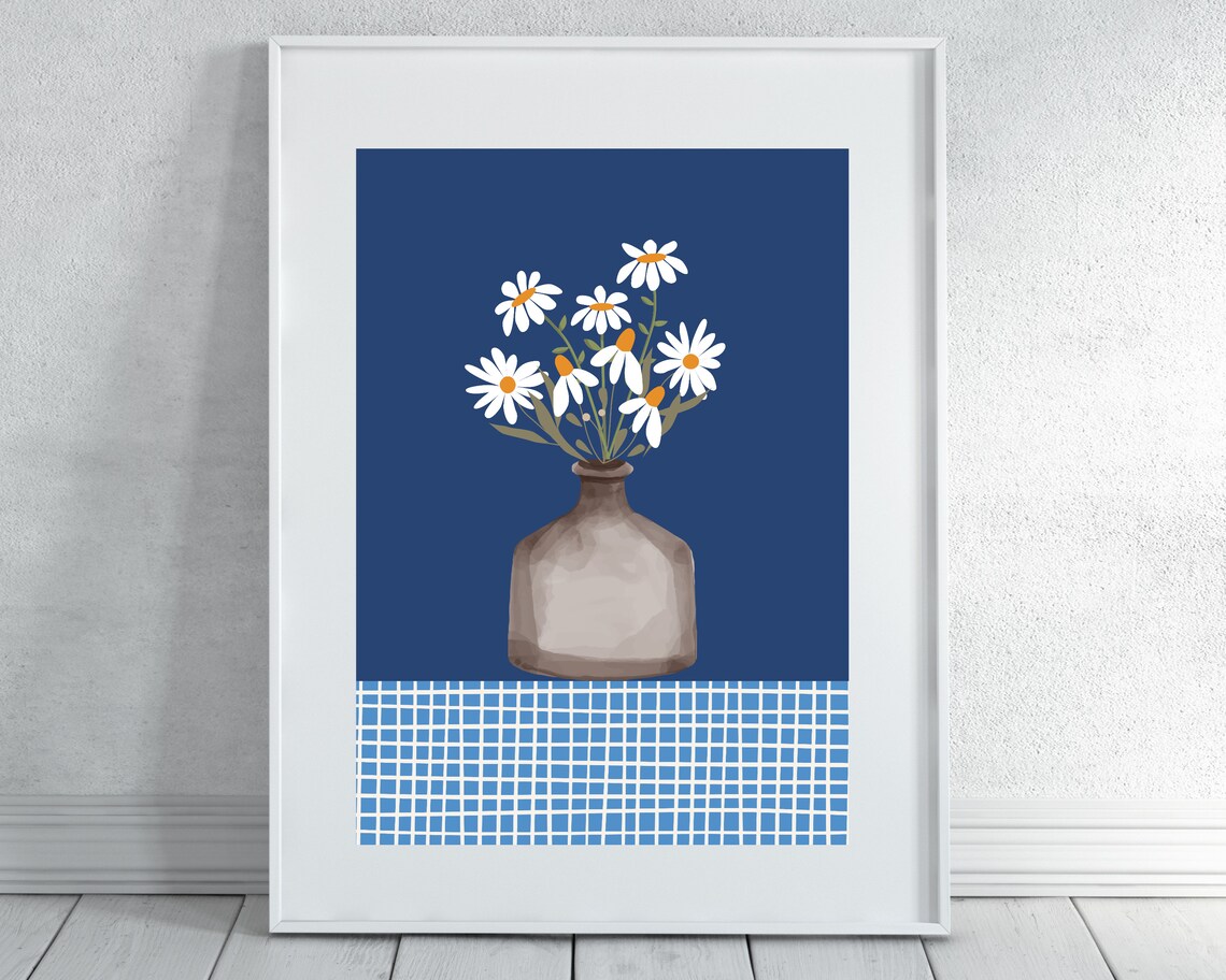 White Daisies In Glass Vase Rich Deep Navy Blue Botanical Poster - Image 2