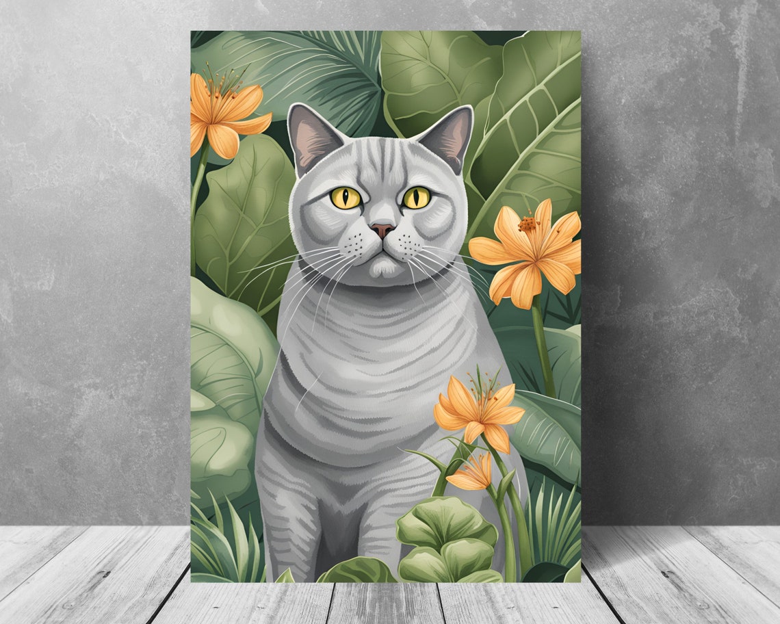 Dignified Grey Cat With Golden Eyes Among Tropical Flowers Poster - Image 3