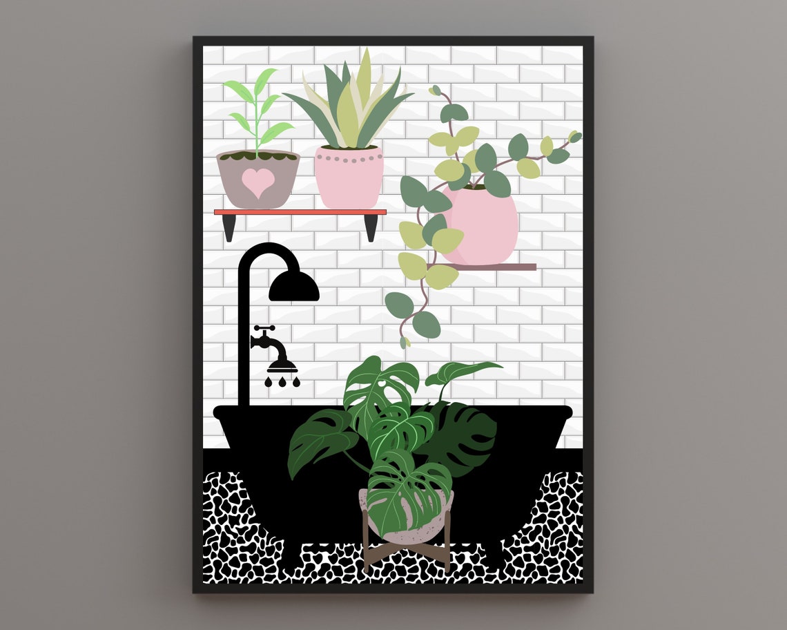 Black Bathtub With Pink Potted Plants On A Wall Shelf Poster