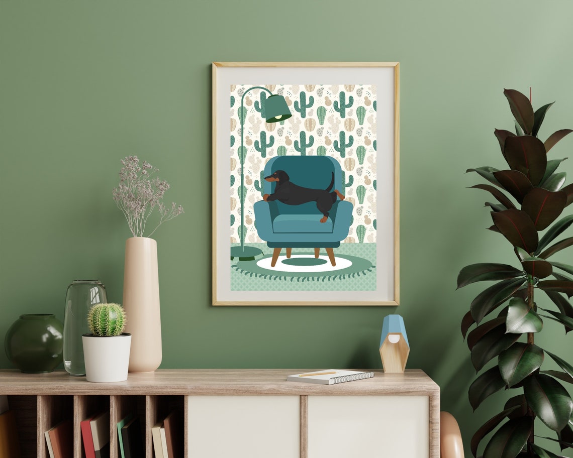 Dachshund Stretching on Teal Armchair Funny Cactus Room Dog Poster - Image 3