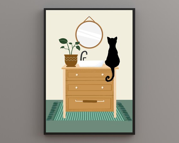 Black Cat Silhouette Sitting on a Bathroom Dresser With Mirror Poster