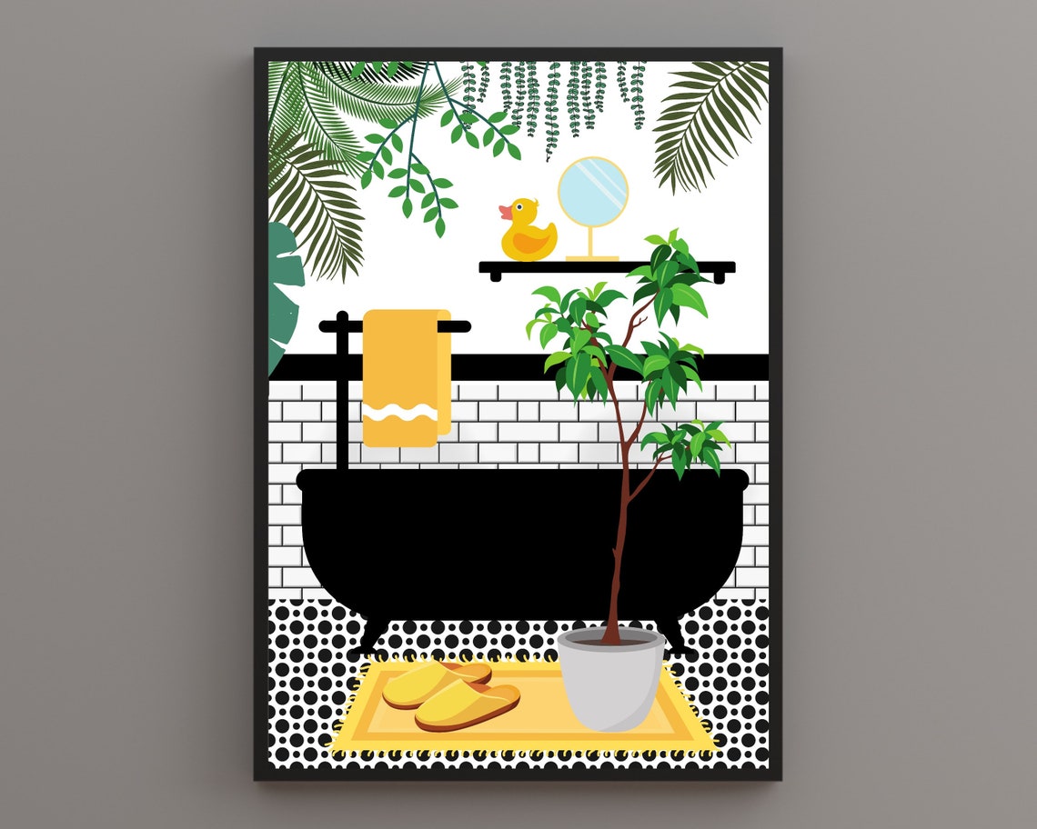 Black Bathtub With Yellow Towel Duck And Ficus Bathroom Poster