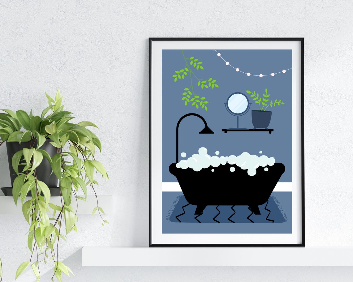 Bubble Bath In A Black Tub With Glowing String Lights Blue Print - Image 3