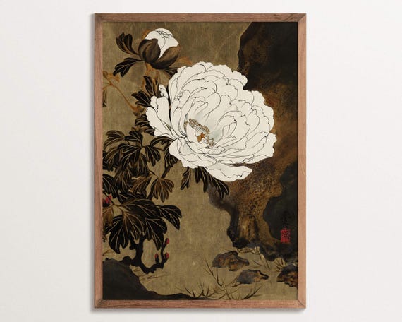 Vintage Chinoiserie Peony Art Print, Botanical Decor