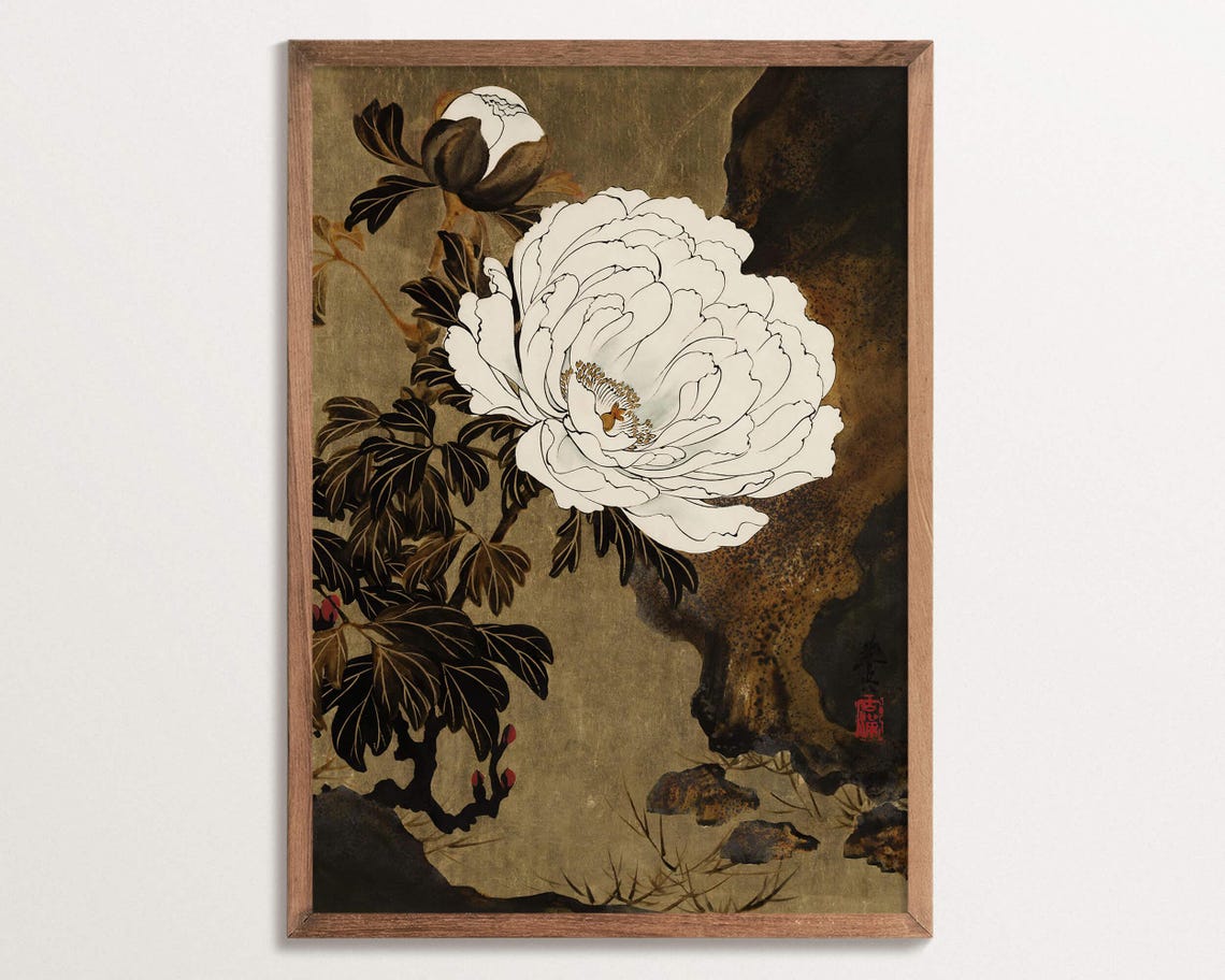 Vintage Chinoiserie Peony Art Print, Botanical Decor