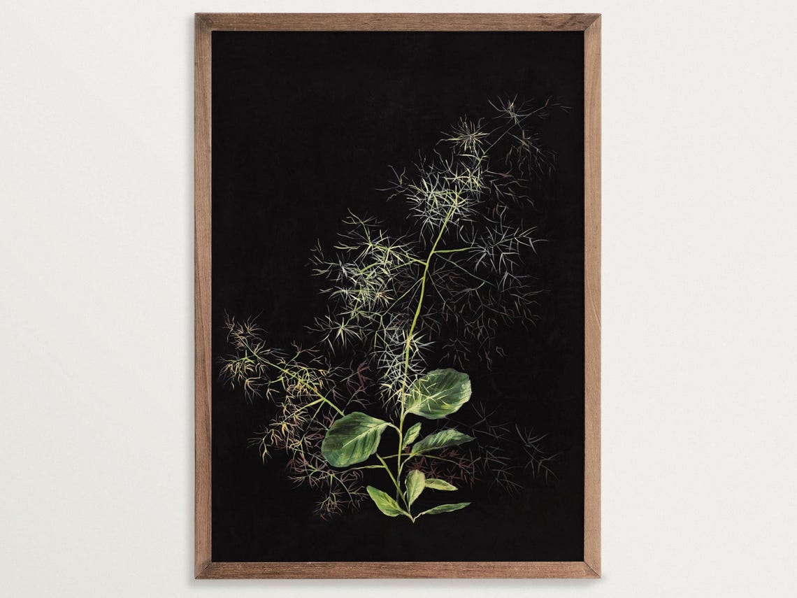 Dark Botanical Hair Grass Print, Moody Decor