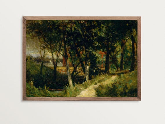 Rustic Forest Painting Art Print, Moody Vintage Style